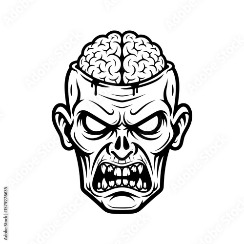  A detailed and frightening black illustration of a zombie head with an exposed brain and angry expression.