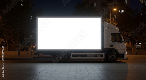 Illuminated Advertising Truck at Night in Urban Environment – Blank Billboard Mockup