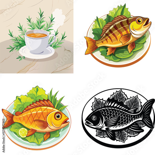 A culinary collection featuring steaming tea and freshly prepared fish dishes