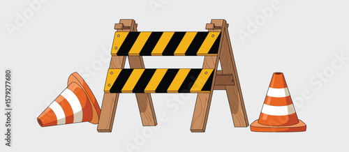 Construction Barrier and Traffic Cone Illustration
