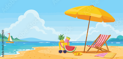 Beach Day Scene with Umbrella and Beach Chair