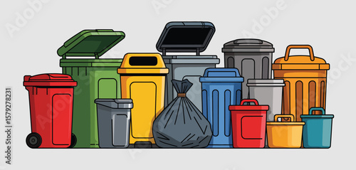 Variety of Colorful Garbage Bins and Bags
