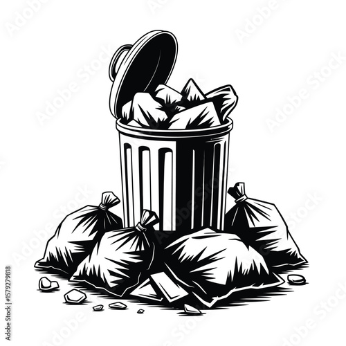 Overfilled Trash Can with Garbage Bags and Debris