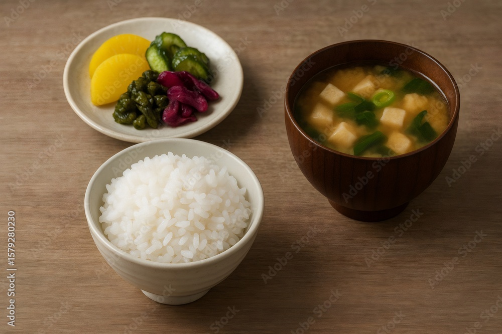 Enjoying a traditional Japanese meal featuring a bowl of rice, miso soup, and a variety of colorful pickled vegetables on a wooden table Enjoying a traditional Japanese meal featuring a bowl of rice, miso soup, and a variety of colorful pickled vegetables on a wooden table