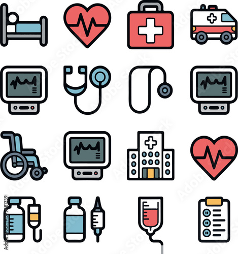 Medical equipment icons including hospital bed ambulance first aid kit and heart monitor healthcare clinic