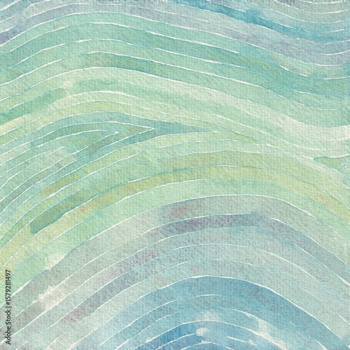Calm Ocean Watercolor Background. Abstract Watercolor Wave Pattern in Green and Blue. Flowing Line Texture in Soft Aqua Tones. Gentle Wave Lines. Spa and Wellness Flow Design in Abstract Watercolor
