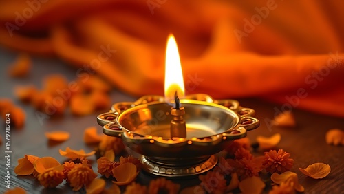 A traditional brass diya with a glowing flame surrounded by marigold petals, symbolizing cultural celebration.