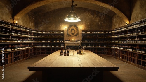 Rustic Wine Cellar with Wooden Table and Bottles on Shelves