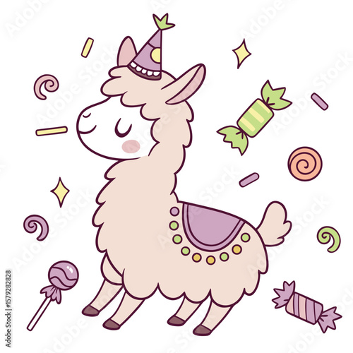 Cute SVG of a Bashful Llama in Candy Shop colors, featuring with a tiny crown in a Birthday setting