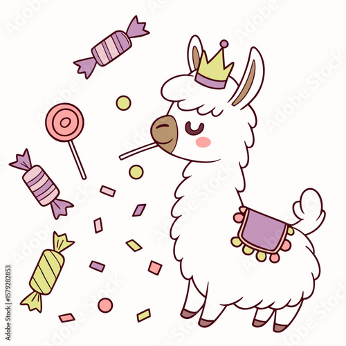 Cute SVG of a Bashful Llama in Candy Shop colors, featuring with a tiny crown in a Birthday setting
