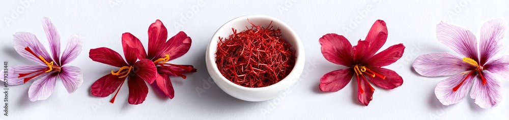Fototapeta premium Saffron threads in a bowl, flanked by vibrant purple and crimson crocus blossoms on a light gray background