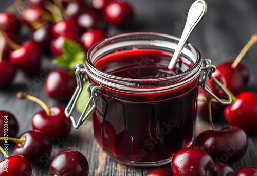 Rich, dark cherry syrup in a glass jar, homemade, concentrate, sweet