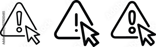 Warning Cursor Icon Set. Triangle Alert Symbol with Click Pointer Outline Vector.