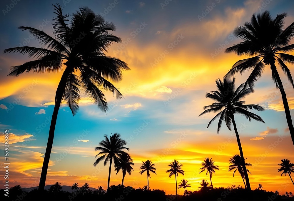Fototapeta premium Silhouetted palm trees against a vibrant sunset sky, contrast, heat