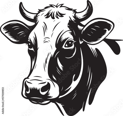 Detailed Cow Head Vector Illustration with Horns and Facial Features
