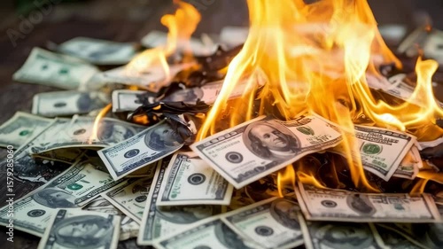 Pile of paper money engulfed in bright orange flames, burning currency destruction, financial loss concept