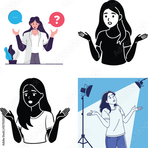 Confused woman expressing uncertainty with shrugging gestures and question marks
