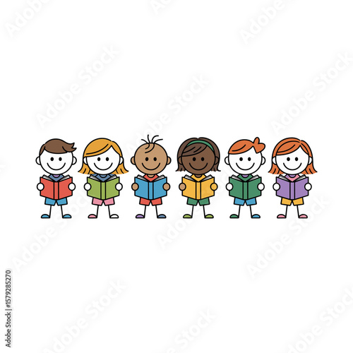 Shared Moments in Reading: A colorful illustration featuring a diverse group of children engrossed in the pages of their books.