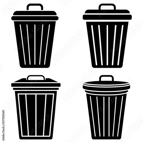 Four black and white trash cans with lids and handles in a square arrangement on a white background