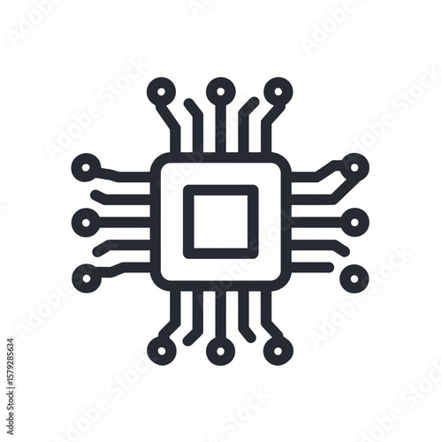 Simple line art illustration of a microchip, showcasing its internal circuitry and connections.