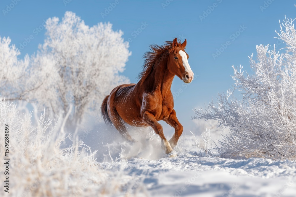 Obraz premium Chestnut horse running through snowy landscape in winter with frost 