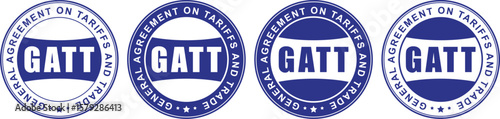 blue gatt circular badges with general agreement on tariffs and trade text in stamp layout style	