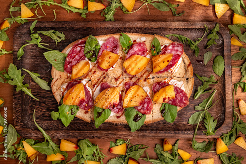 Flatbread with Salami, Ricotta, Peaches and Basil