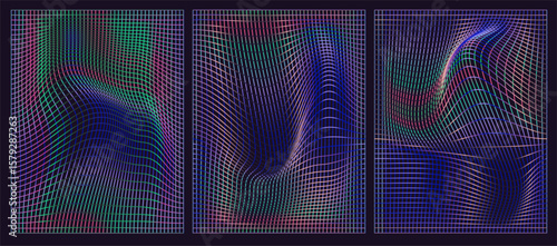 Vibrant vector illustration in a cyberpunk, retro-futuristic style, featuring colorful wavy grids in pink, green, and purple hues on a dark background with dynamic, distorted shapes.