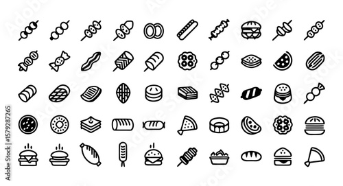 Meat Product Line Icon Set – Thin Linear Vector Pictograms of Kebab, Shashlik, Ground Beef, Tartare, Carpaccio, Meat Patty, Meat Pie, and Casserole

