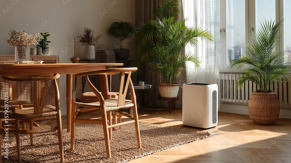 Obraz premium A bright and airy dining room featuring a wooden table chairs and plants in a modern setting