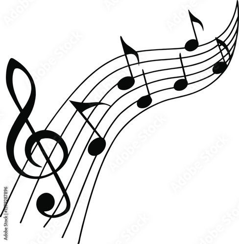 Treble clef with black music notes and melodic symbols on a white background, perfect for classical music illustration and design