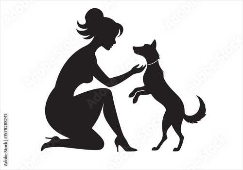 Silhouette of Bond: Capturing an intimate moment of a woman tenderly interacting with her dog, emphasizing companionship and the beauty of affection.