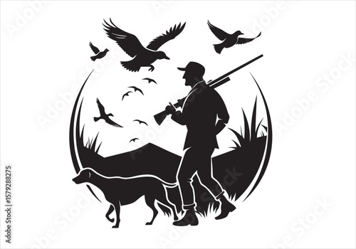 Hunter's silhouette: Depicting a hunter walking with his dog amid mountains and birds, in this illustrated shot, is a scene evoking the thrill of the hunt and the connection between man and nature.
