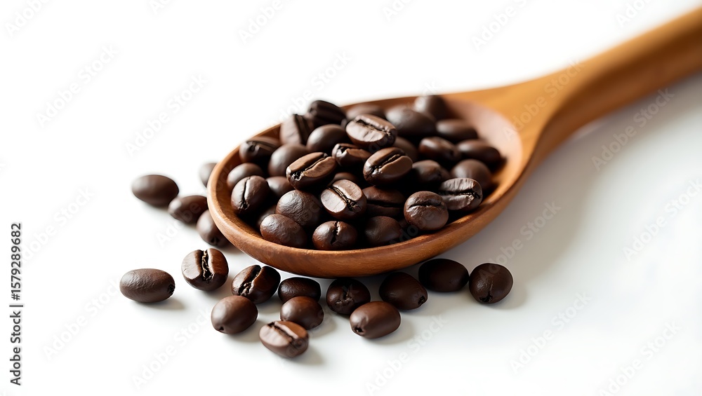 Obraz premium Coffee beans spilling from a wooden spoon on a white surface in a close up studio shot image