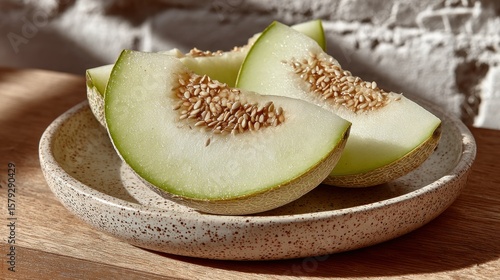 Wallpaper Mural Fresh cantaloupe slices on a light beige plate Torontodigital.ca