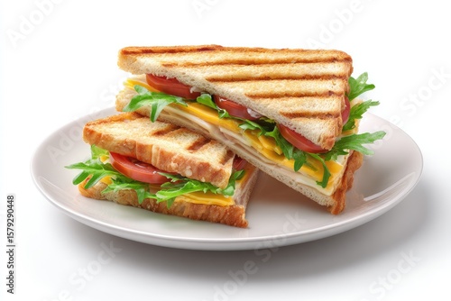 Wallpaper Mural Two grilled panini triangles, layered with cheese, tomato, and arugula, served on a light beige plate against a white background Torontodigital.ca