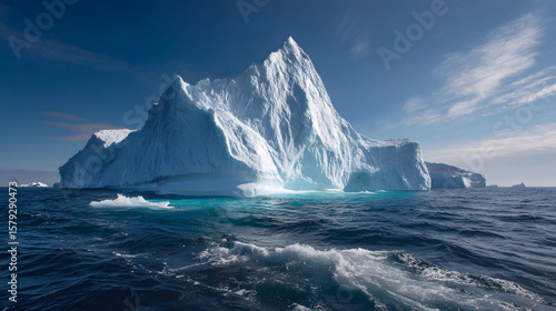 A sunlit iceberg rises from deep waters under a vivid sky.