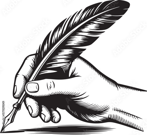Hand Writing with Feather Quill Pen Silhouette Vector Illustration