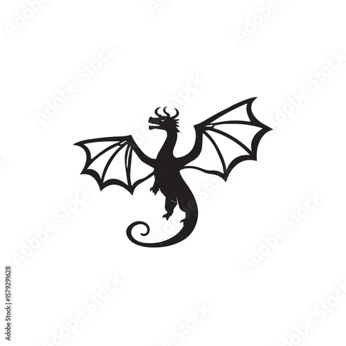 A black silhouette of a dragon with outstretched wings, isolated on white background