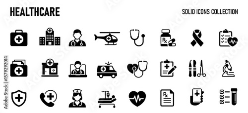 Healthcare Icon Set. Features editable icons for medical, doctor, hospital, clinic, healthcare, medicine, and more. Perfect for medical, healthcare, and pharmaceutical designs.