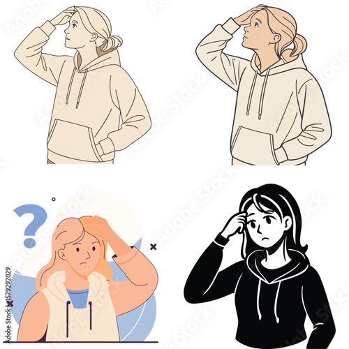 Pensive young women in hoodies contemplating with hand on forehead
