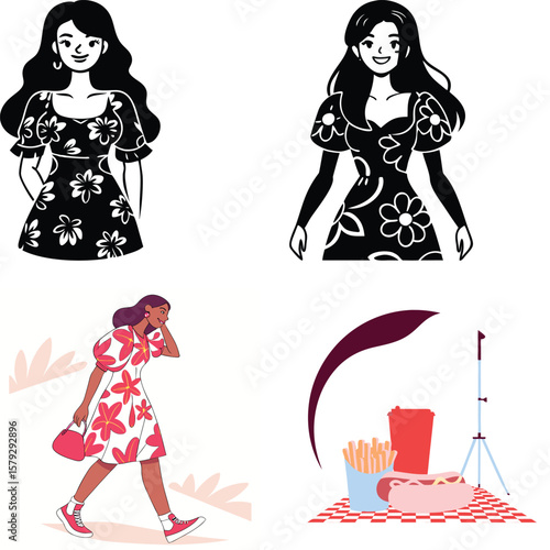 Stylized illustrations of women and fast food picnic scene