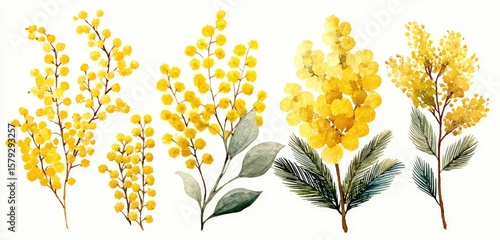 Watercolor painting of five mimosa branches in various sizes and arrangements, showcasing yellow flower clusters and grey-green foliage against a white background