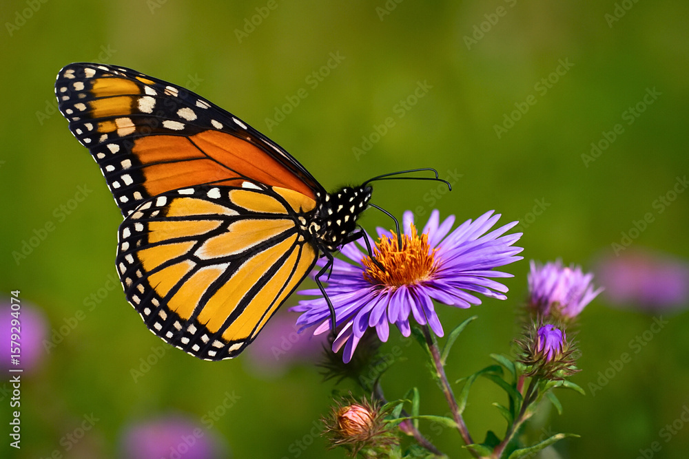 Fototapeta premium Monarch butterfly feeding on purple flower in summer meadow