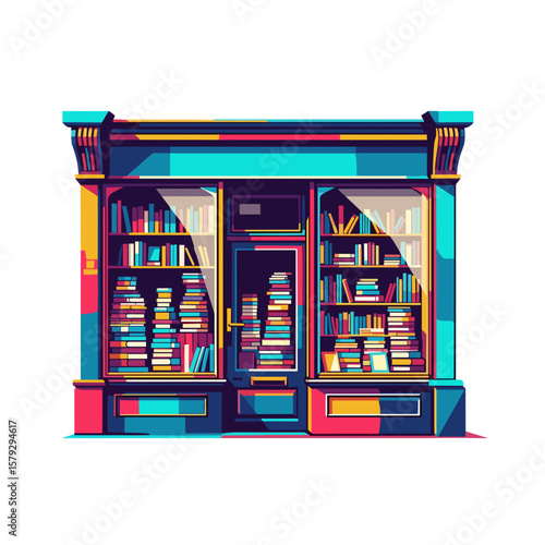 Colorful bookshop exterior with shelves full of books displayed  
