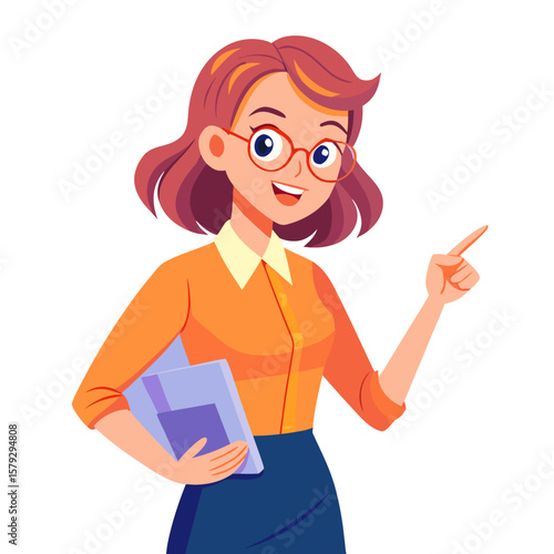 Cheerful Cartoon Illustration of Young Woman with Book – Bright Stylized Character in Orange Shirt