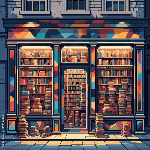 Colorful bookstore exterior with stacked books and warm lighting  