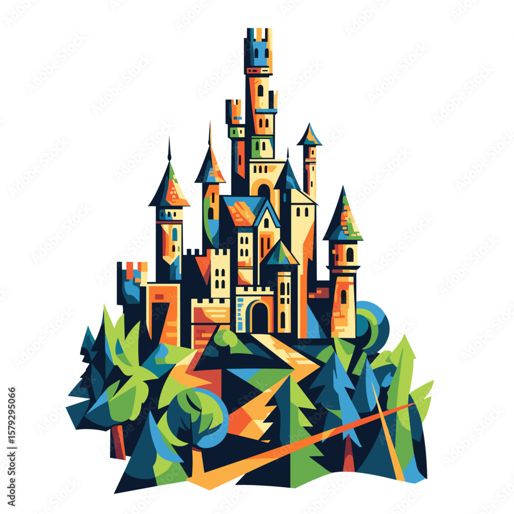 Fototapeta premium Colorful castle illustration surrounded by trees in a whimsical style 