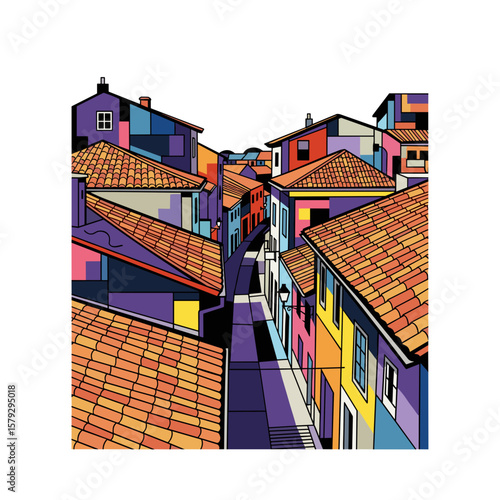Colorful houses lining the street in vibrant artistic style  