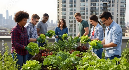 Urban Garden Teamwork Diverse Group Cultivating Lettuce on Rooftop with City Skyline, Promoting Sustainable Lifestyle and Green Spaces